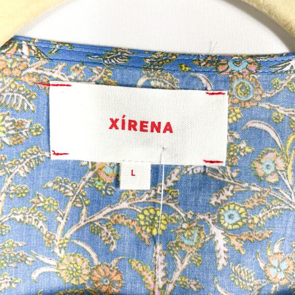 Xirena Gabrielle Dress Blue Floral Midi Tiered Back Cutout V-Neck Sz L - Picture 7 of 10